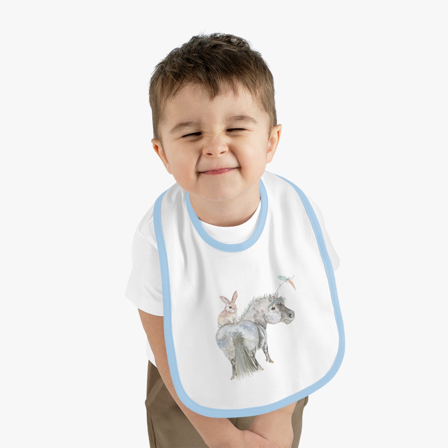 Baby Bib with Watercolor Adorable Bonnie Pony and Bunny — Soft Contrast Trim Feeding Bib