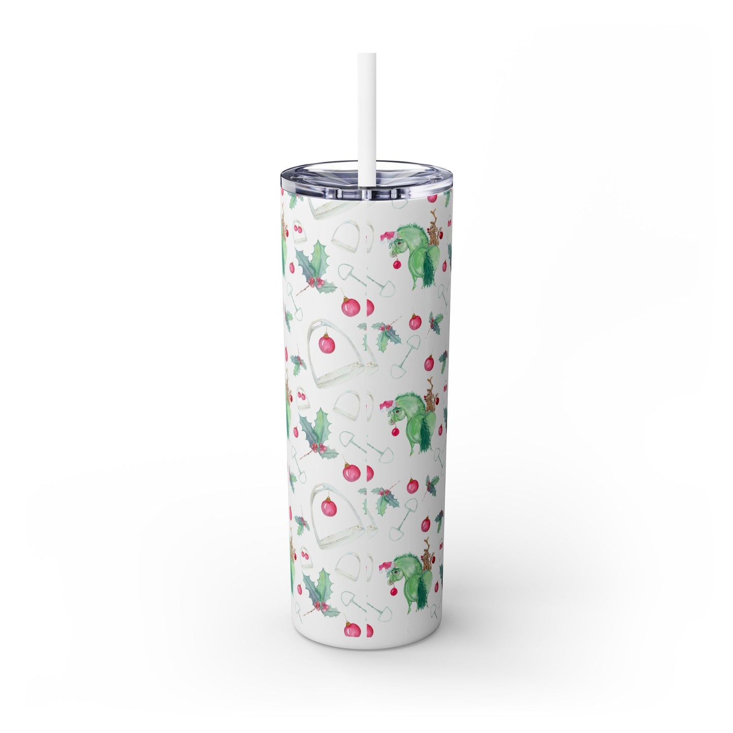 Adorable Grinchy pony and friend - Skinny Tumbler with Straw, 20oz