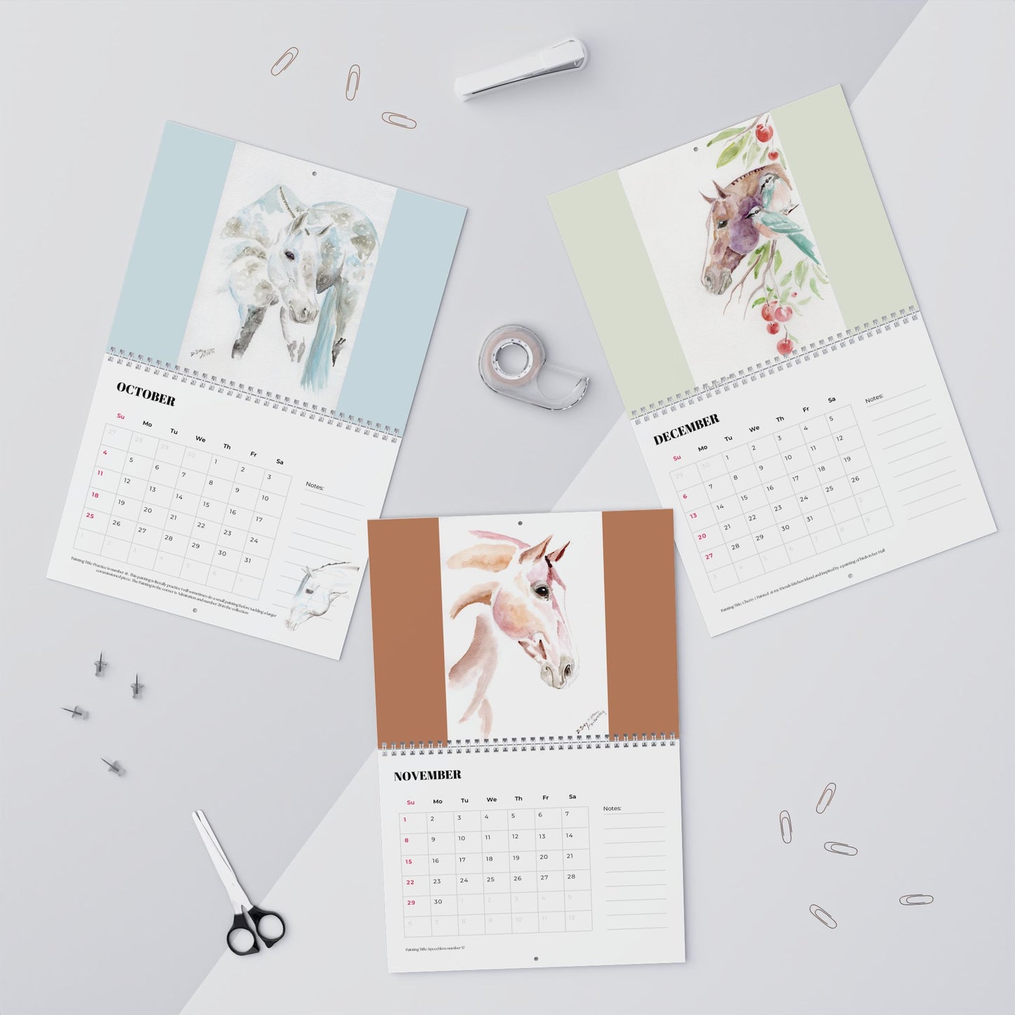 Equestrian Watercolor Wall Calendar – 12-Month Horse Art Calendar with Notes