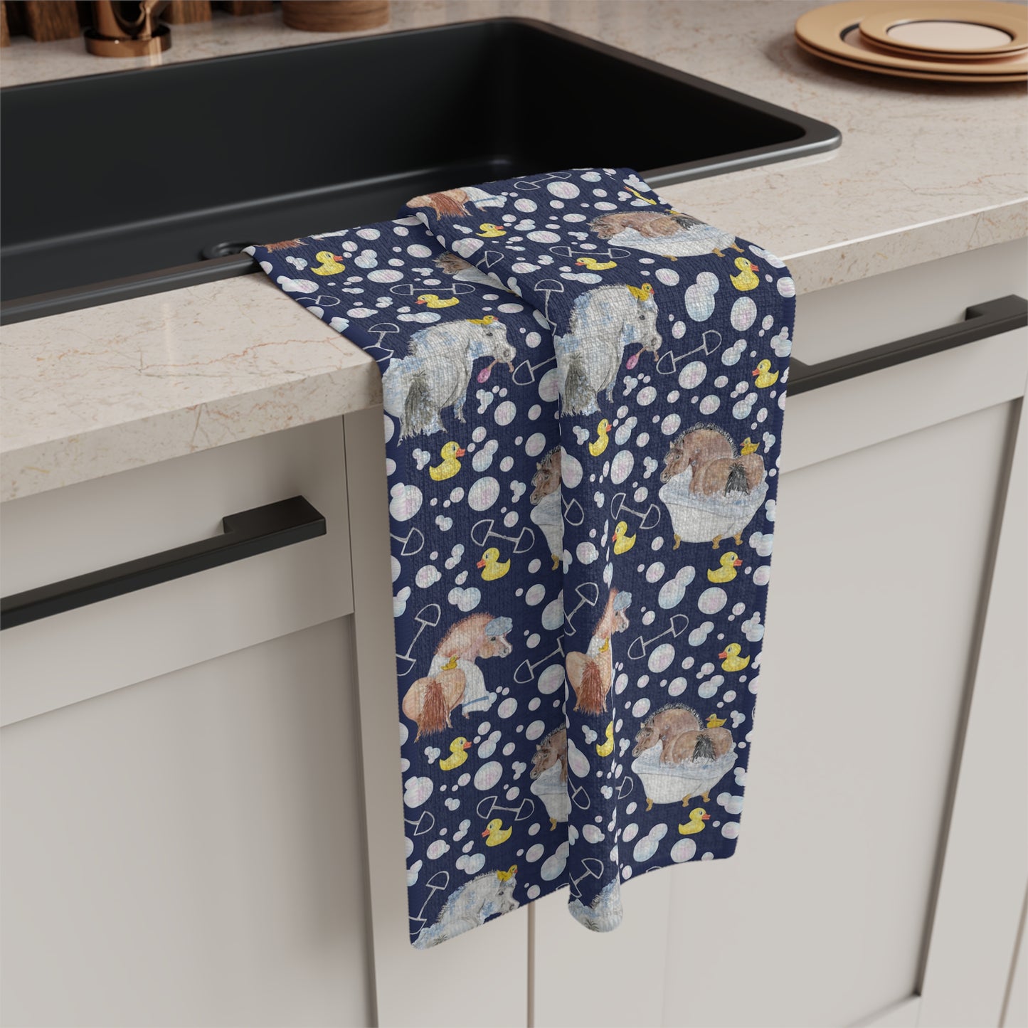 Adorable Ponies Double Bubble in Navy Microfiber Tea Towel