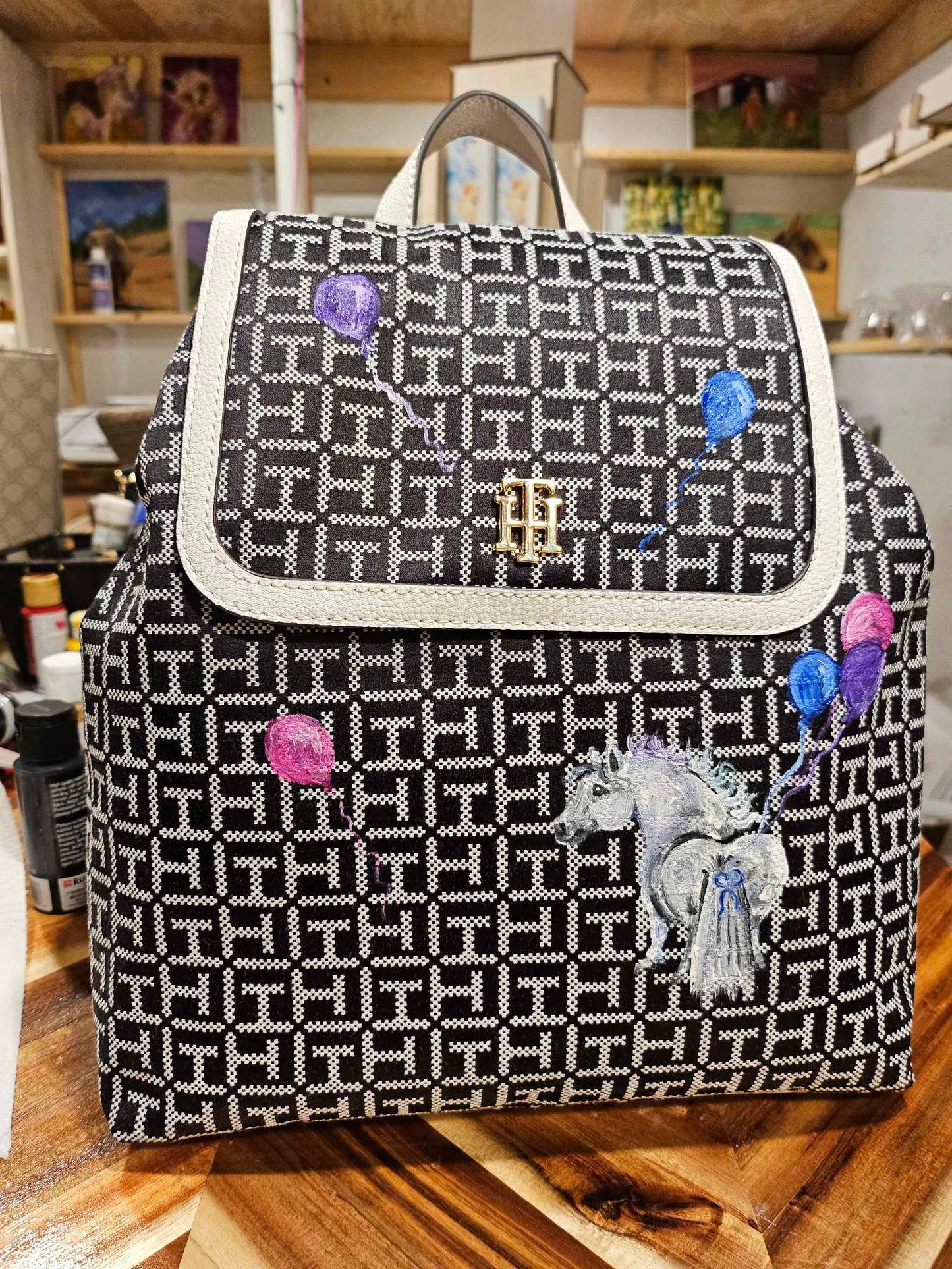 Adorable Grey Pony with Balloons Hand Painted Bag