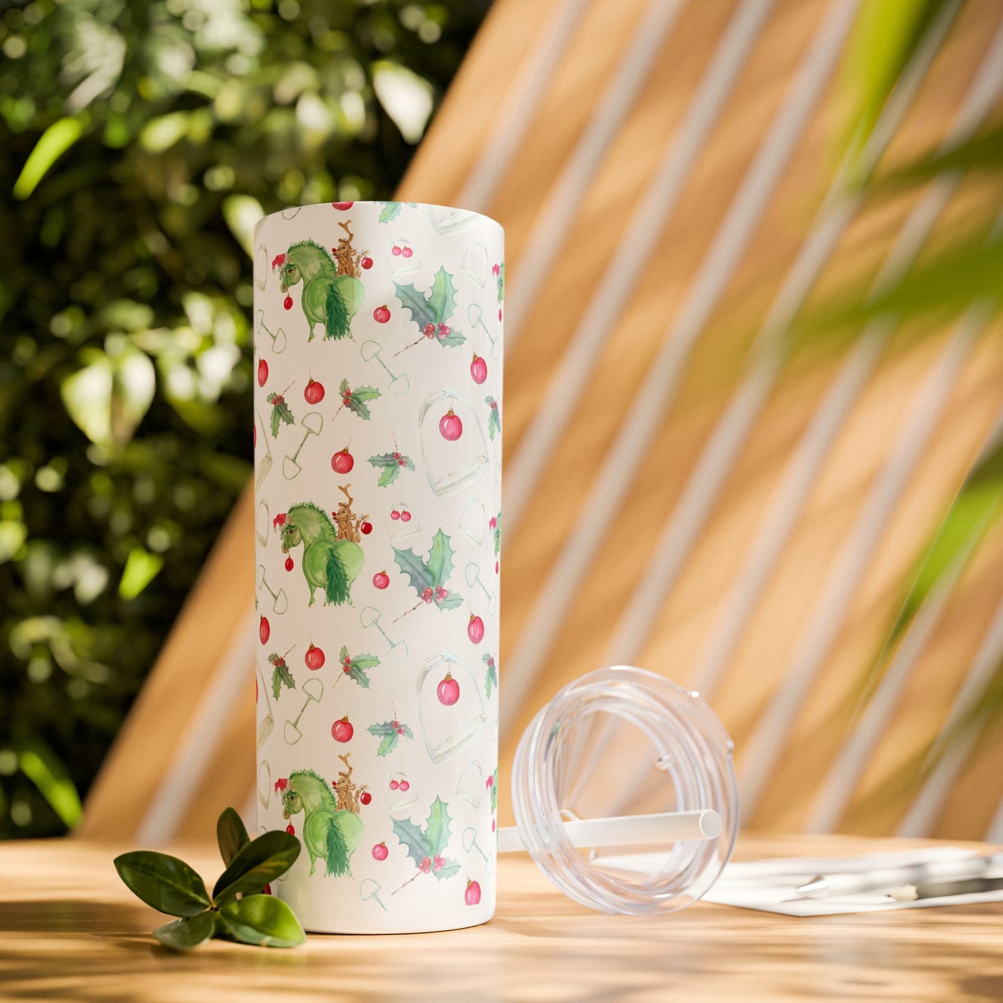 Adorable Grinchy pony and friend - Skinny Tumbler with Straw, 20oz