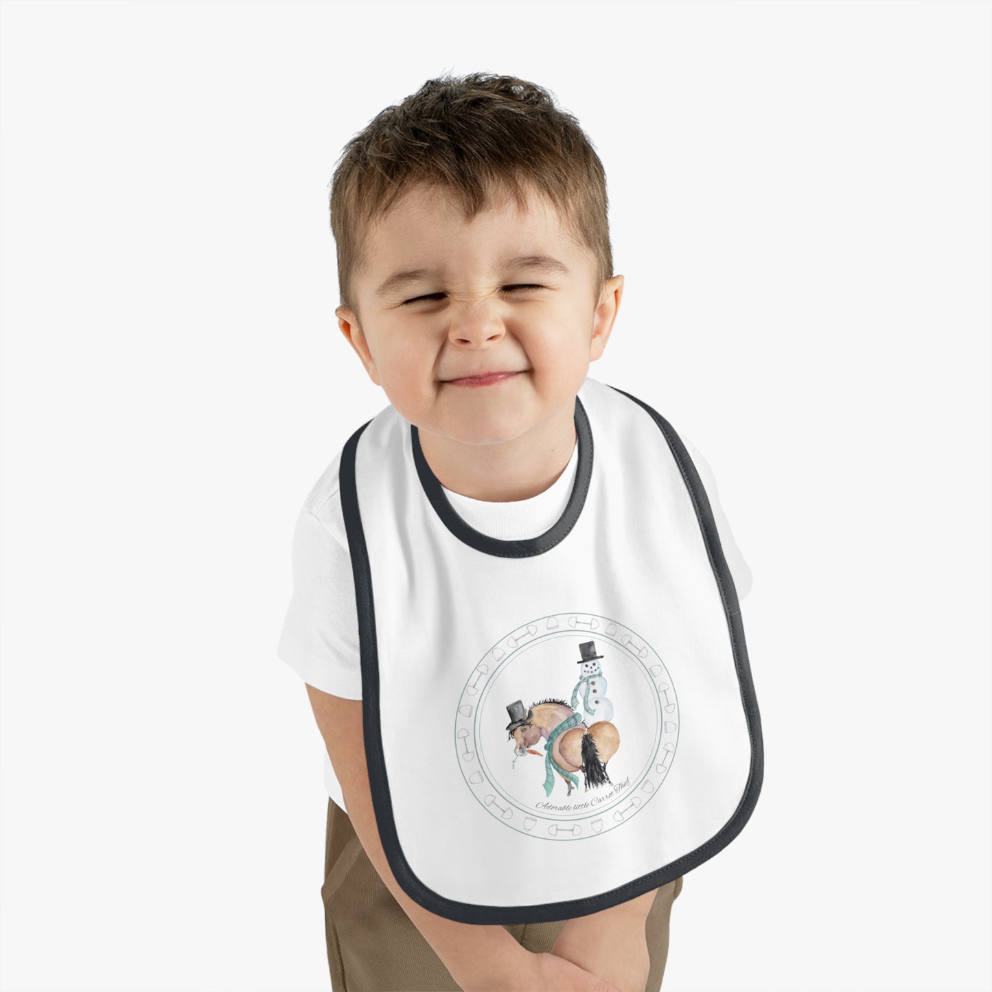 Adorable Naughty Snacker and Snowman Baby Bib — Soft Contrast Trim Feeding Bib