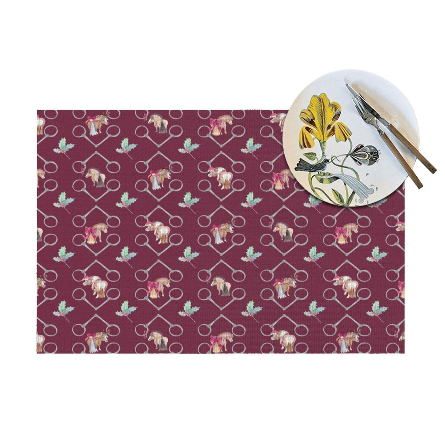 Adorable Ponies Bits and Holly Set of 4 Holiday Placemats