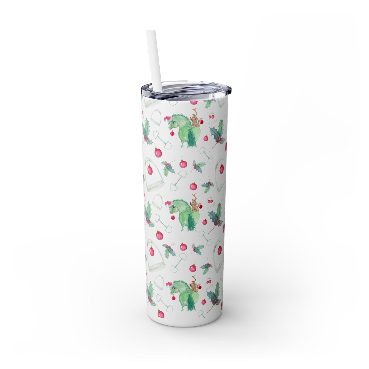 Adorable Grinchy pony and friend - Skinny Tumbler with Straw, 20oz