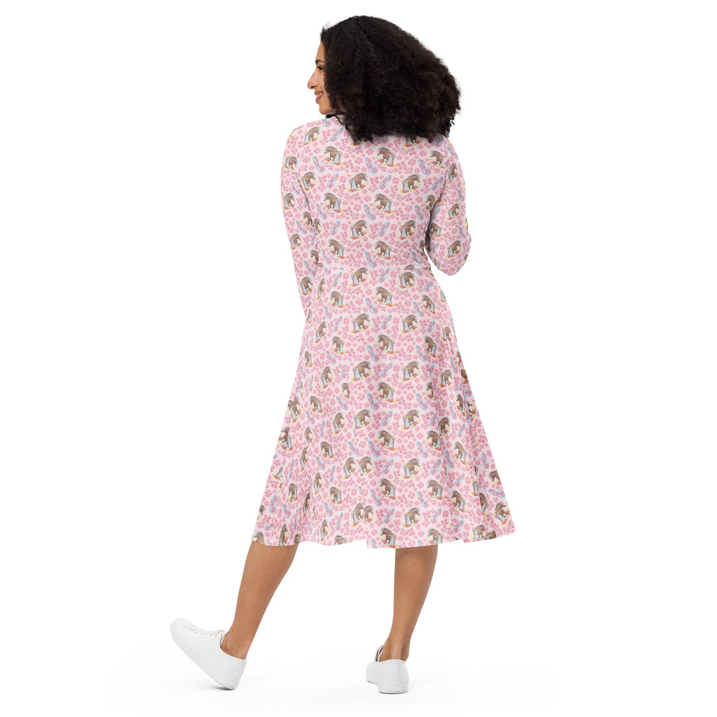 Adorable Little Surfer Pony Print Long Sleeve Midi Dress