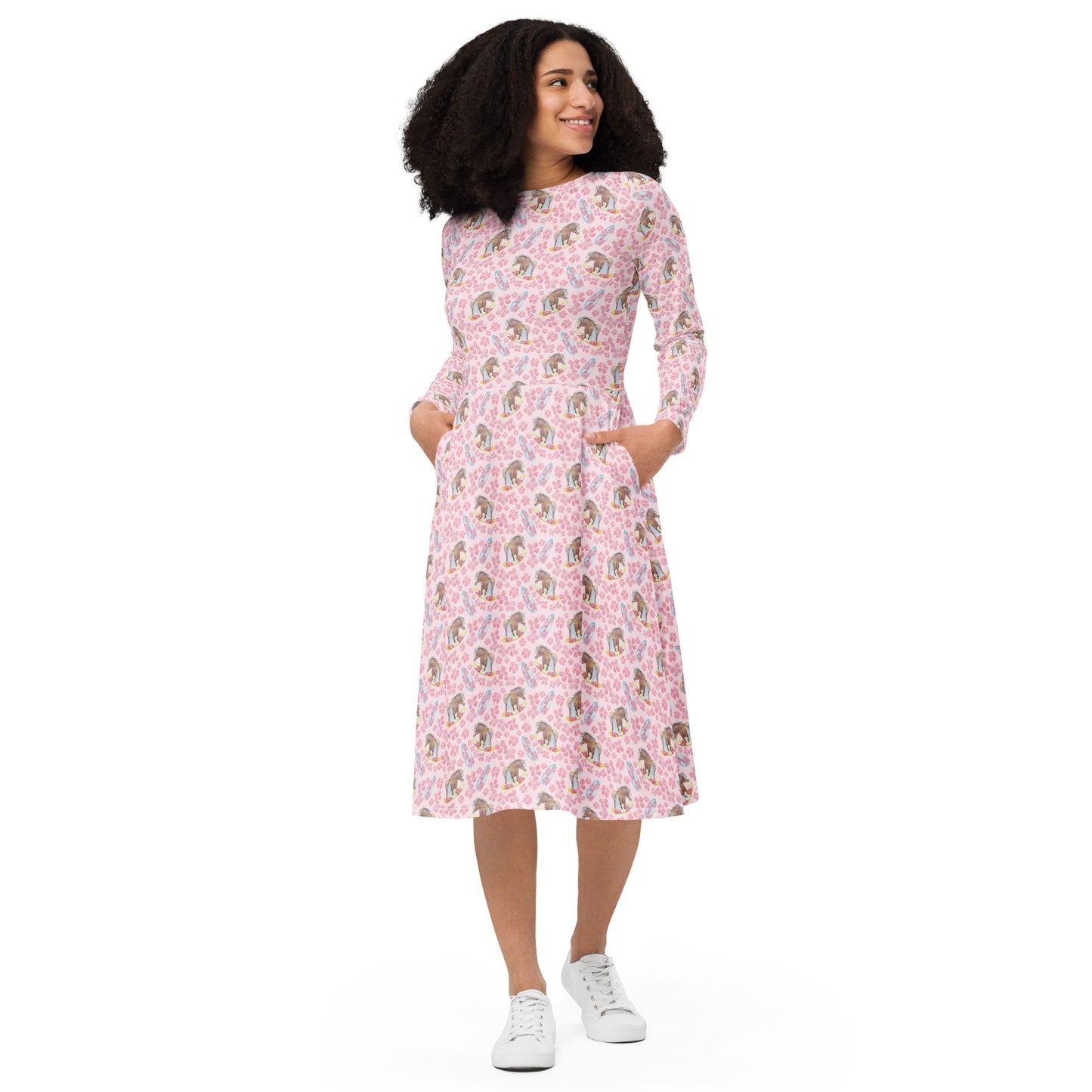 Adorable Little Surfer Pony Print Long Sleeve Midi Dress