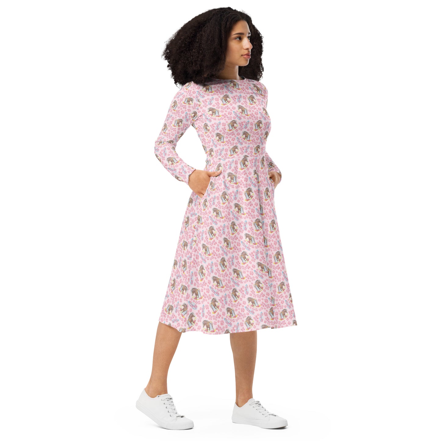 Adorable Little Surfer Pony Print Long Sleeve Midi Dress