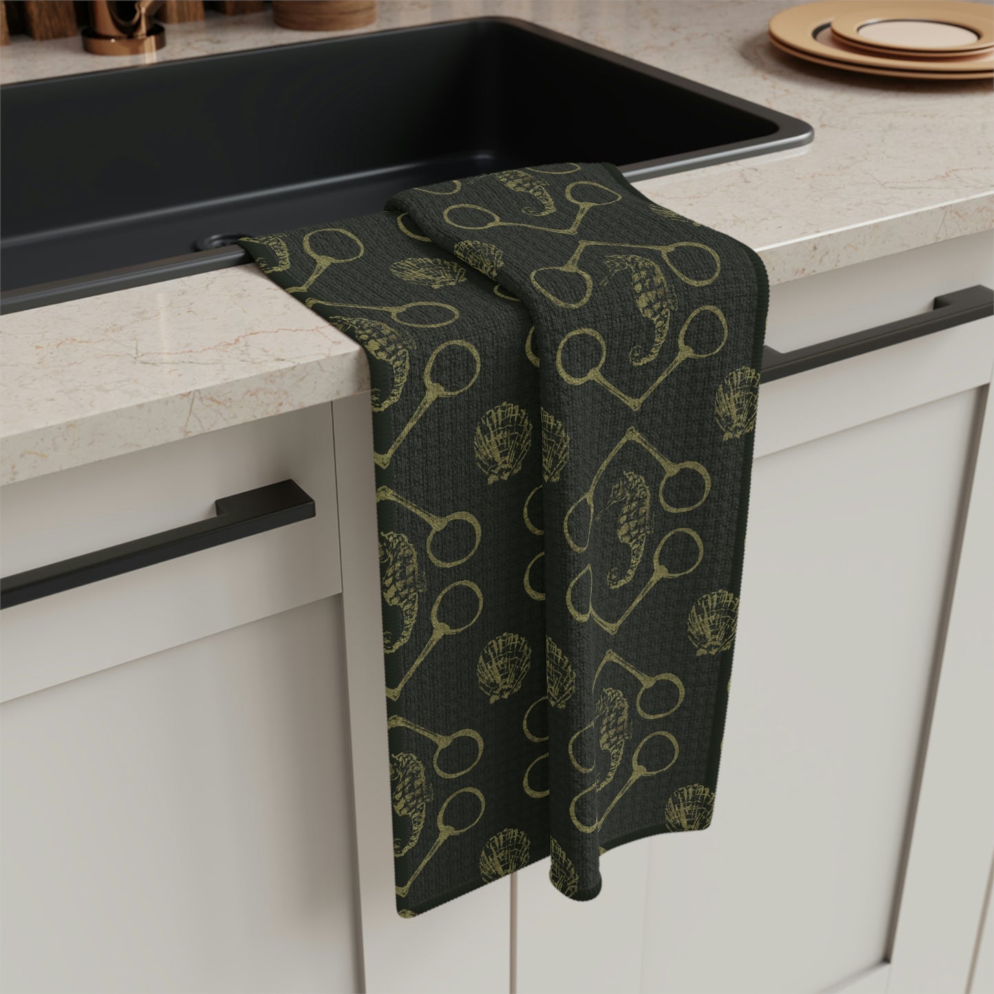 Sea horse and bit Soft Tea Towel- Olive - SonaEquestrian