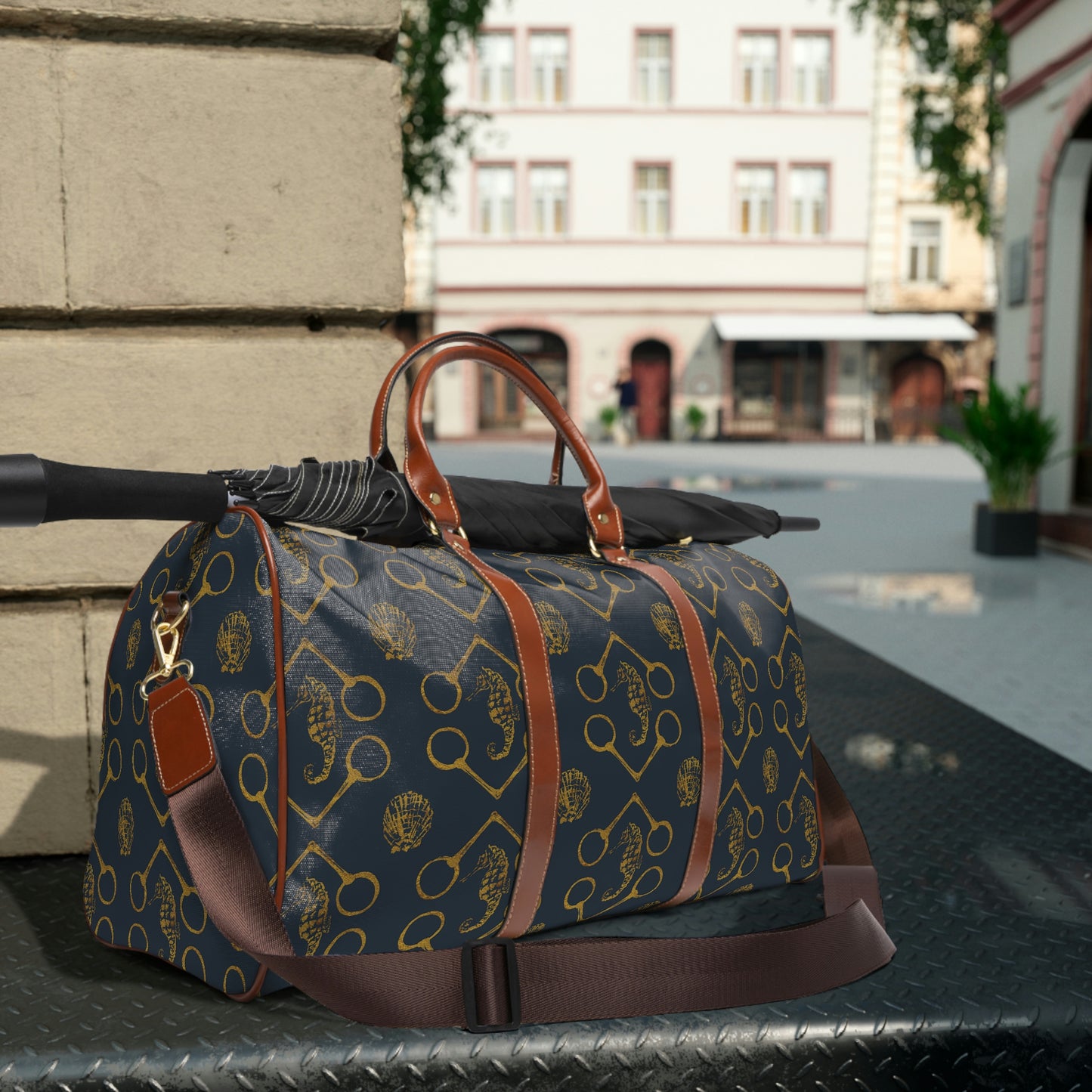 Sea horse and bit - Navy Gold Waterproof Travel Bag - SonaEquestrian