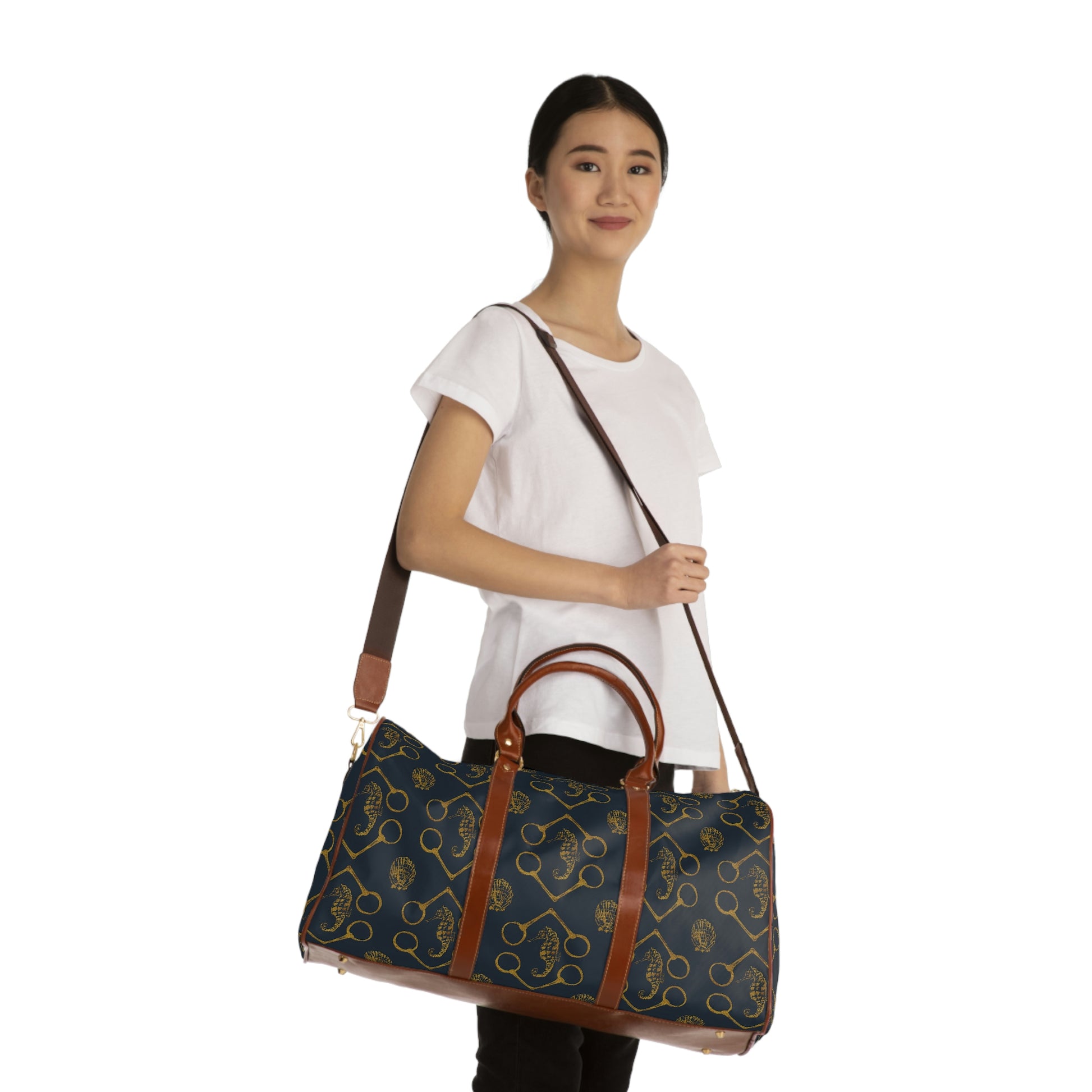 Sea horse and bit - Navy Gold Waterproof Travel Bag - SonaEquestrian