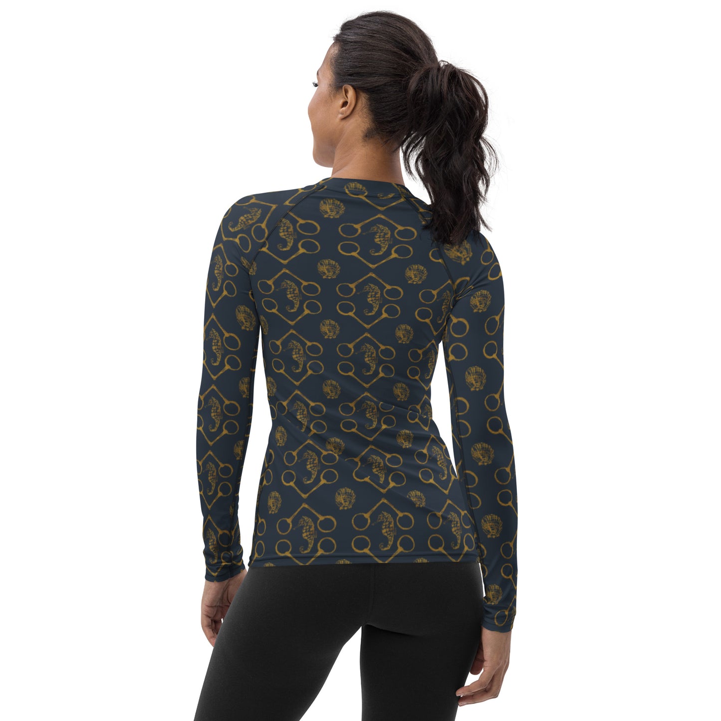 Seahorse and Bits - Navy and Gold Women's Rash Guard - SonaEquestrian