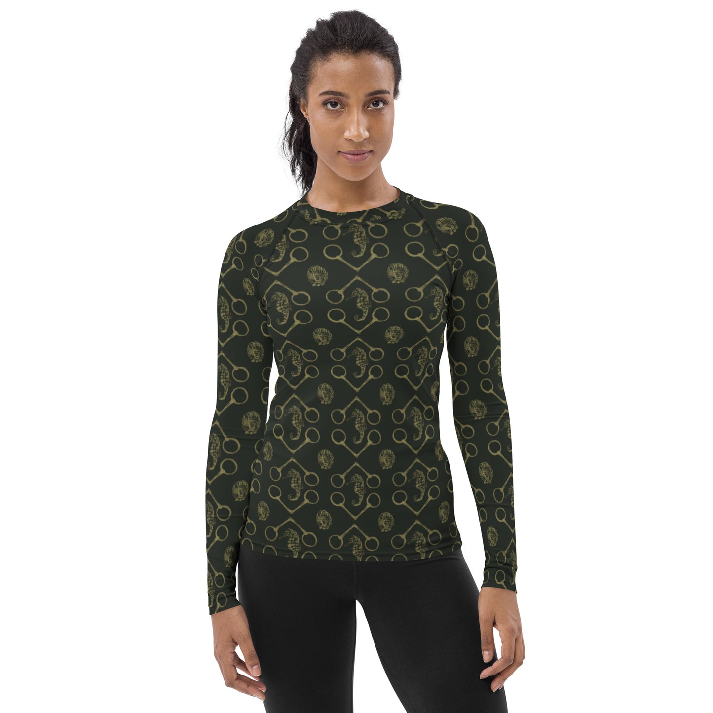 Sea horse and bits - Olive and gold Women's Rash Guard