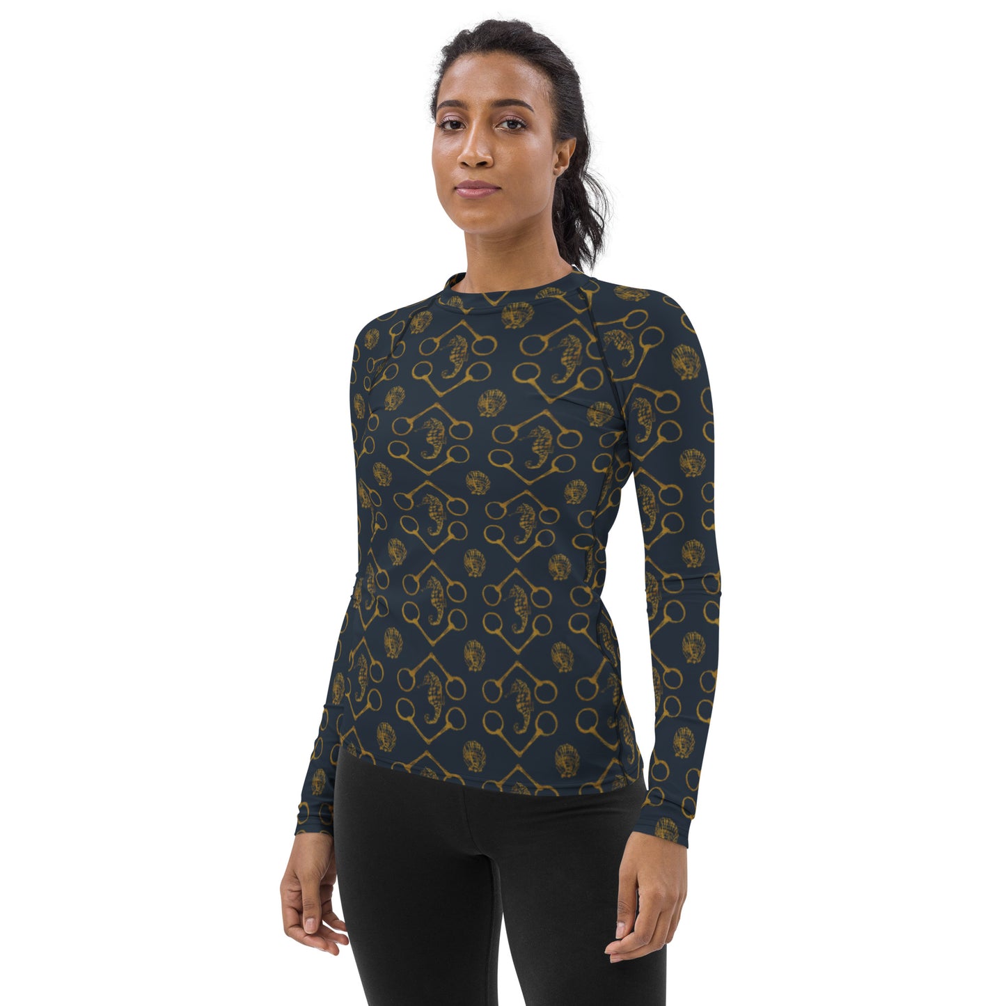 Seahorse and Bits - Navy and Gold Women's Rash Guard - SonaEquestrian