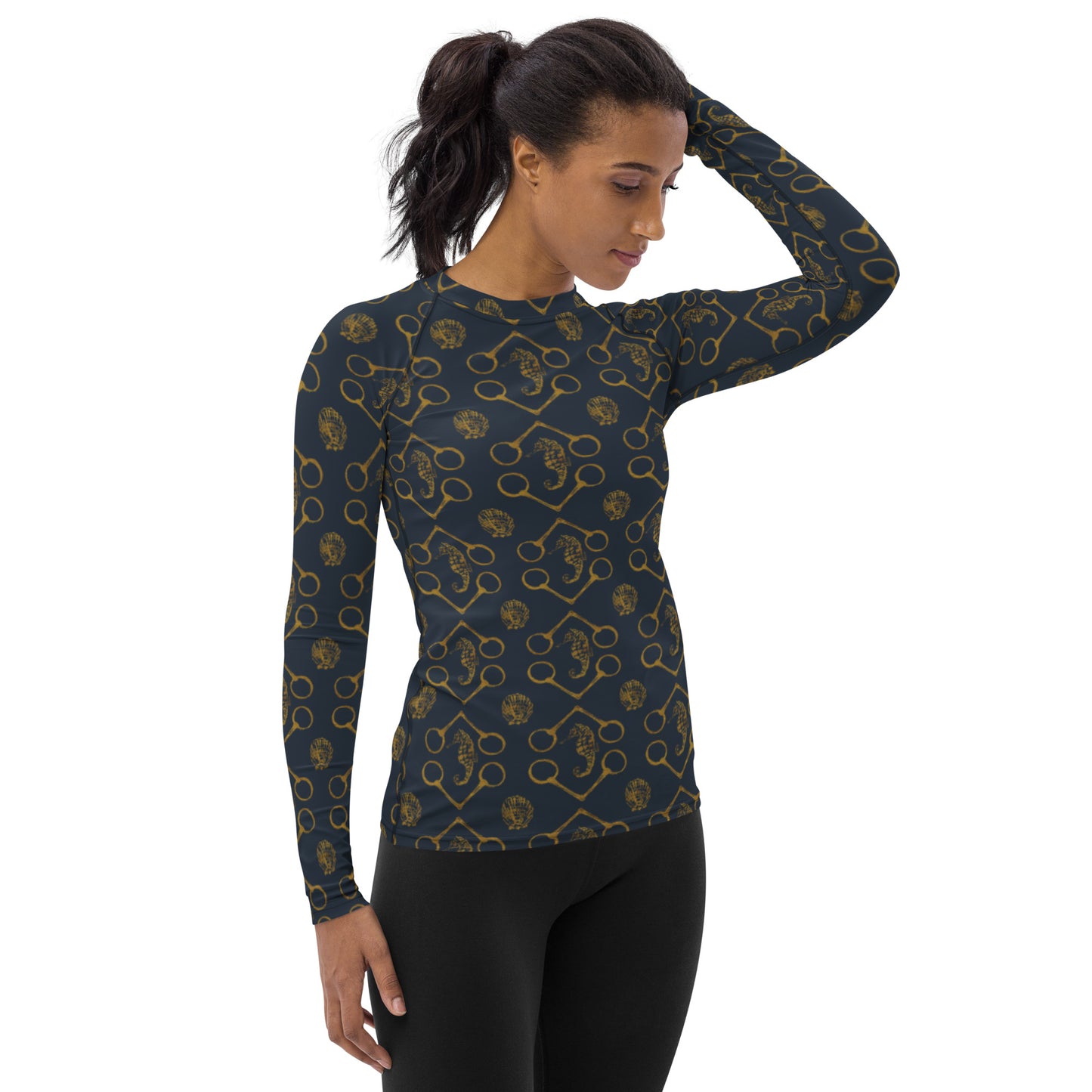 Seahorse and Bits - Navy and Gold Women's Rash Guard - SonaEquestrian