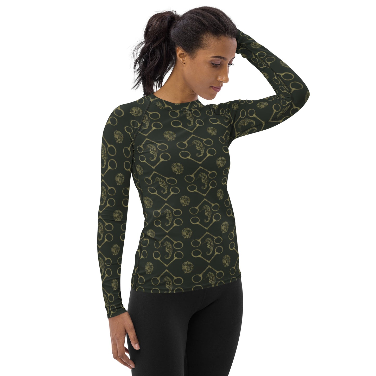 Sea horse and bits - Olive and gold Women's Rash Guard