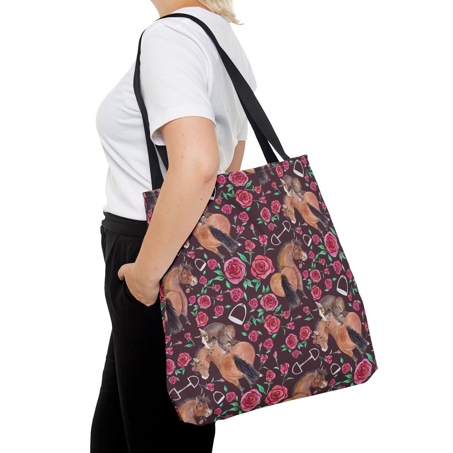 Adorable little Rose and Rico Print Tote Bag - Whimsical Equestrian Design- Brown