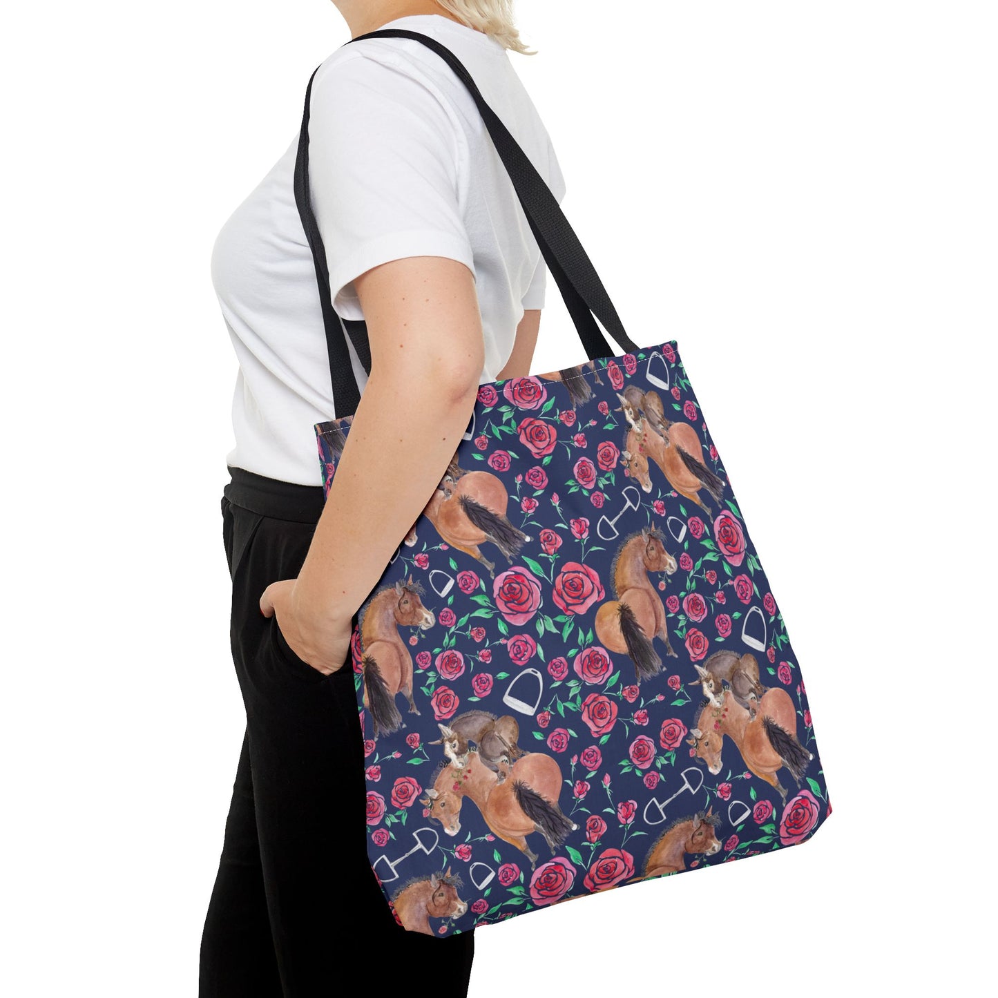 Adorable little Rose and Rico Print Tote Bag - Whimsical Equestrian Design- navy
