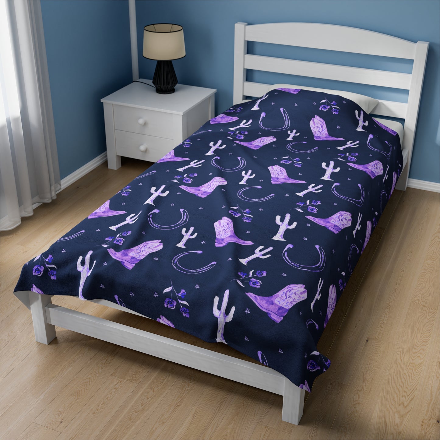 Lucky Boots Velveteen Plush Blanket in Lavender and Navy