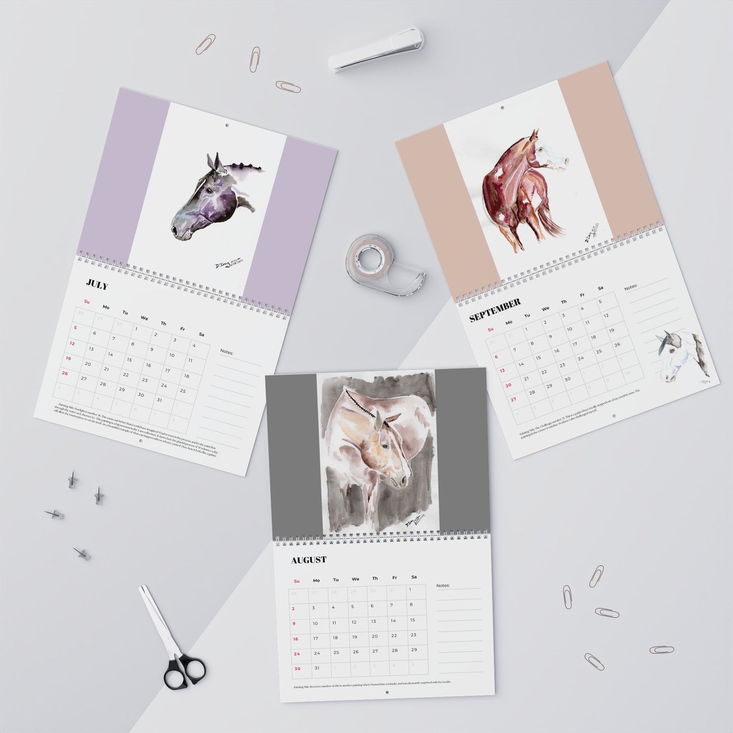 Equestrian Watercolor Wall Calendar – 12-Month Horse Art Calendar with Notes