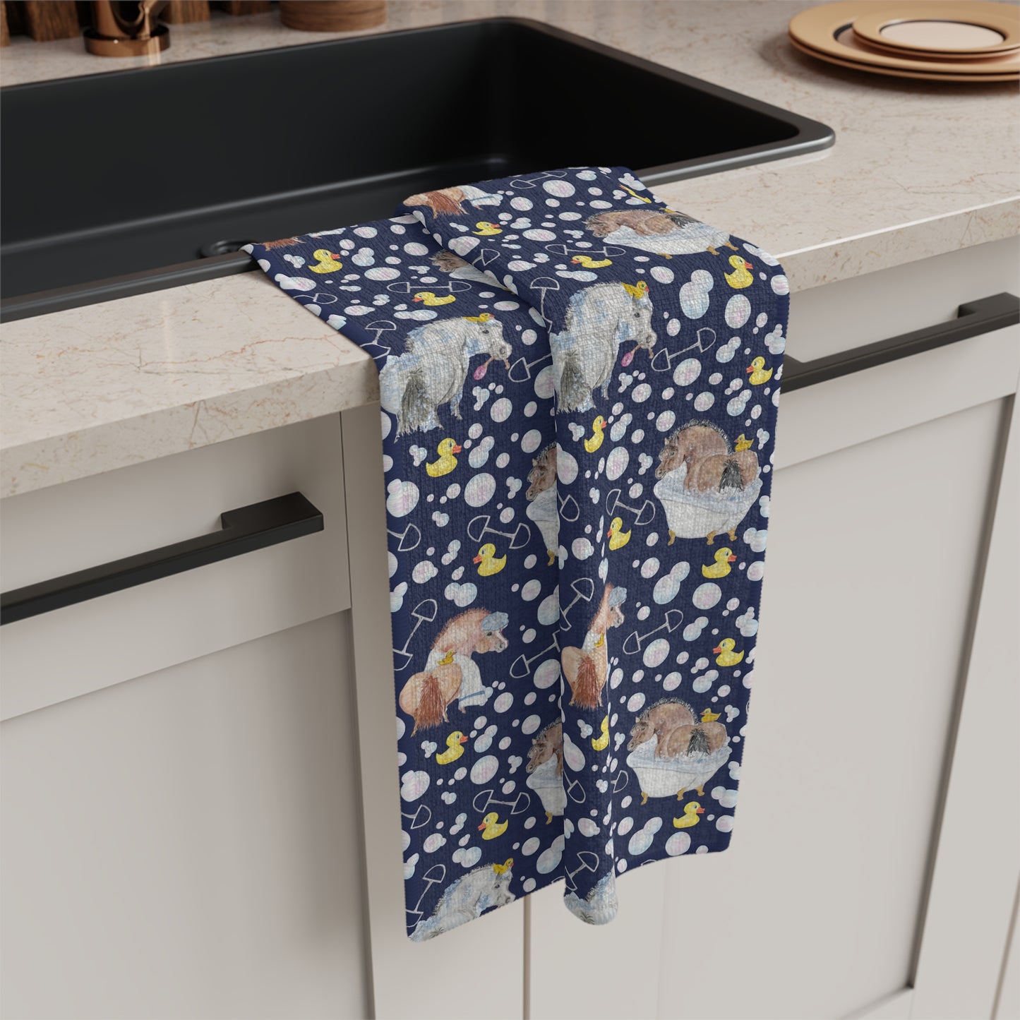 Adorable Ponies Double bubble- Navy Microfiber Tea Towel