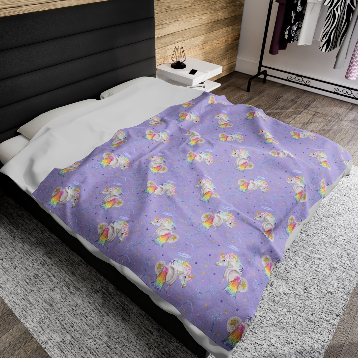 Adorable Little Unicorn Print Velveteen Plush Blanket - Lavender