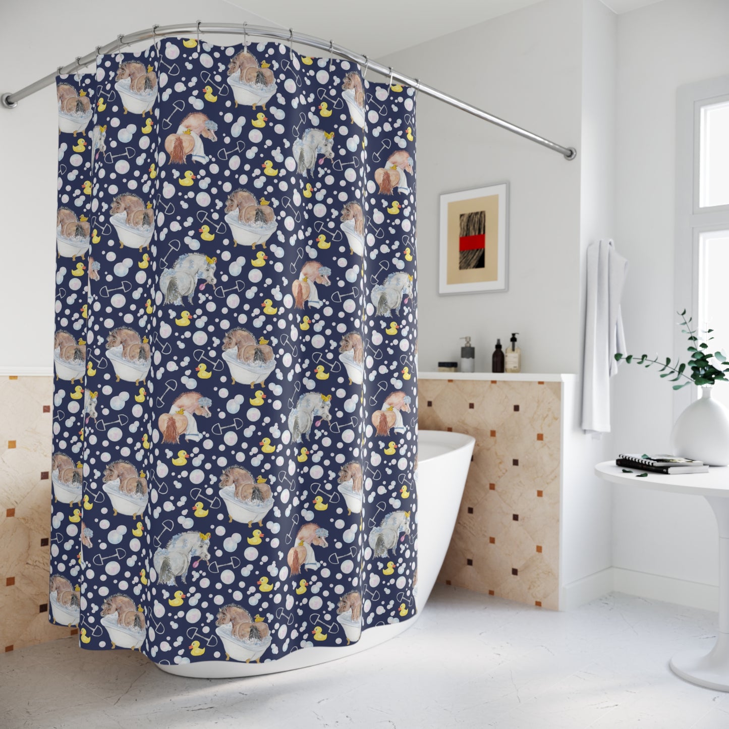 Adorable Ponies Double Bubbles Shower Curtain - Navy