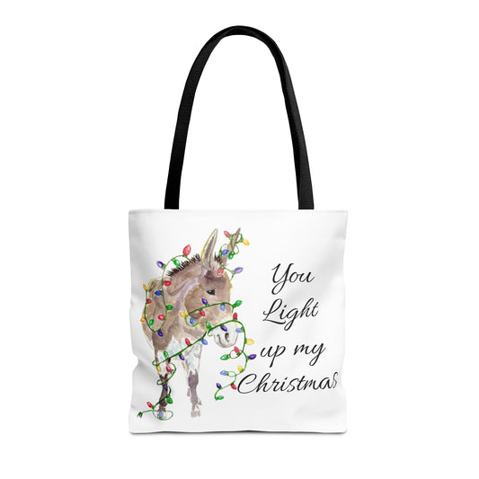 You Light Up My Christmas — Donkey Watercolor Tote Bag