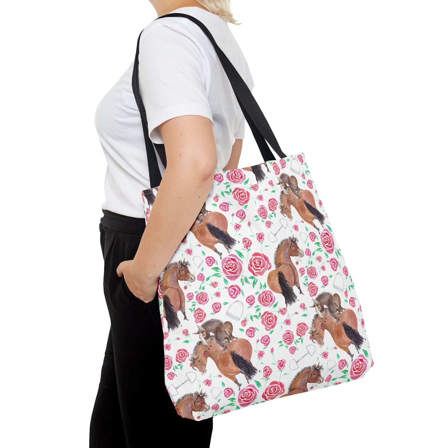 Adorable little Rose and Rico Print Tote Bag - Whimsical Equestrian Design- white