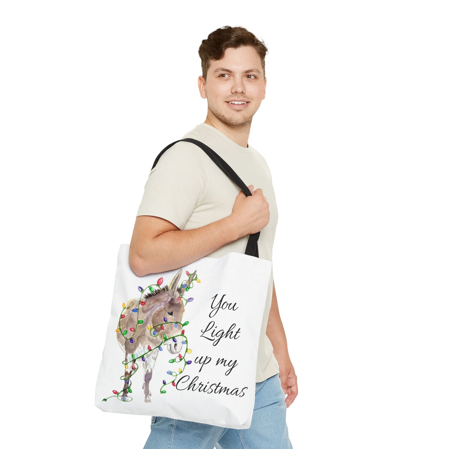 You Light Up My Christmas — Donkey Watercolor Tote Bag