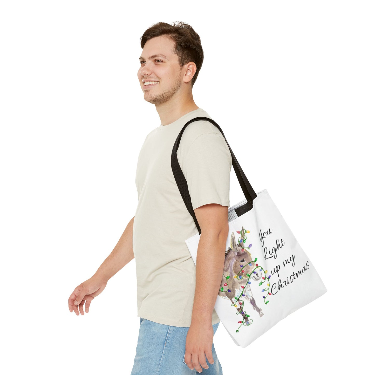 You Light Up My Christmas — Donkey Watercolor Tote Bag