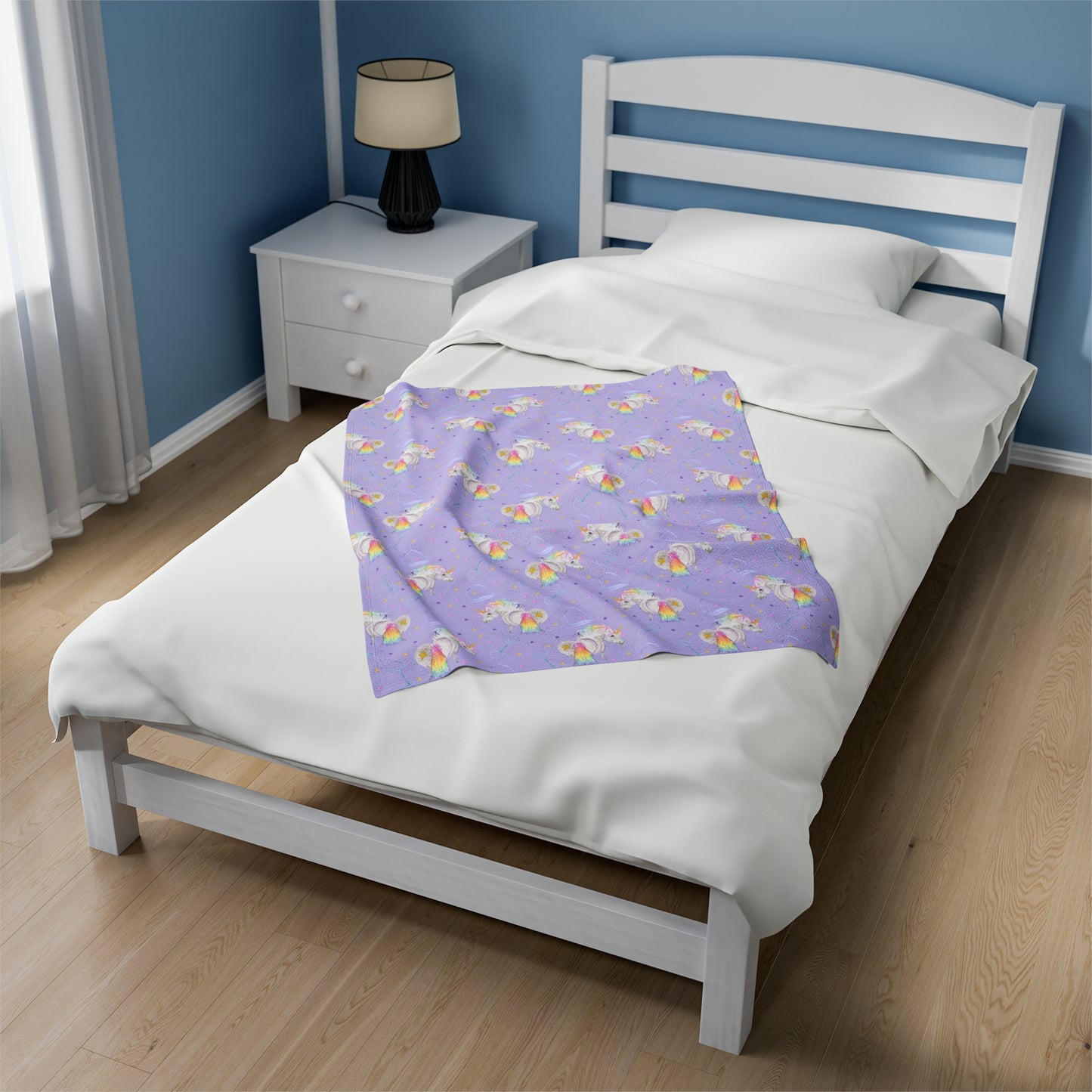 Adorable Little Unicorn Print Velveteen Plush Blanket - Lavender