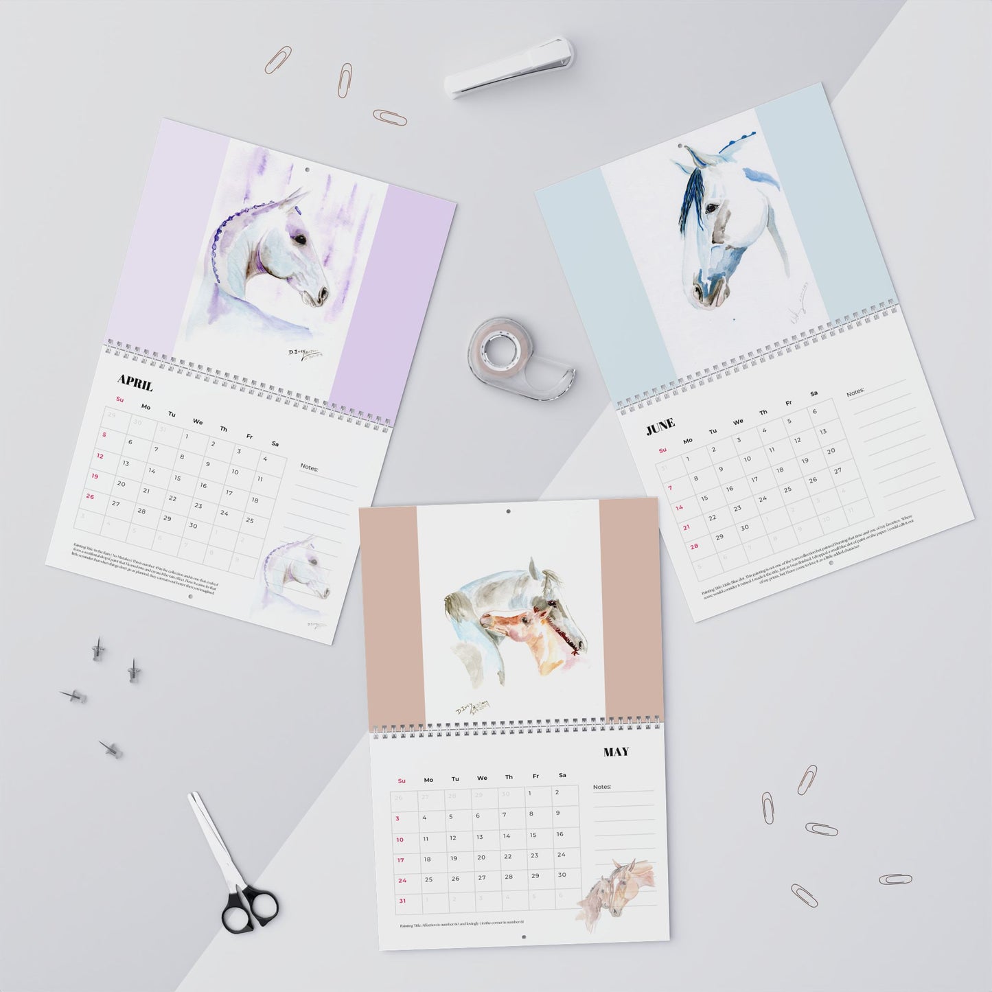 Equestrian Watercolor Wall Calendar – 12-Month Horse Art Calendar with Notes