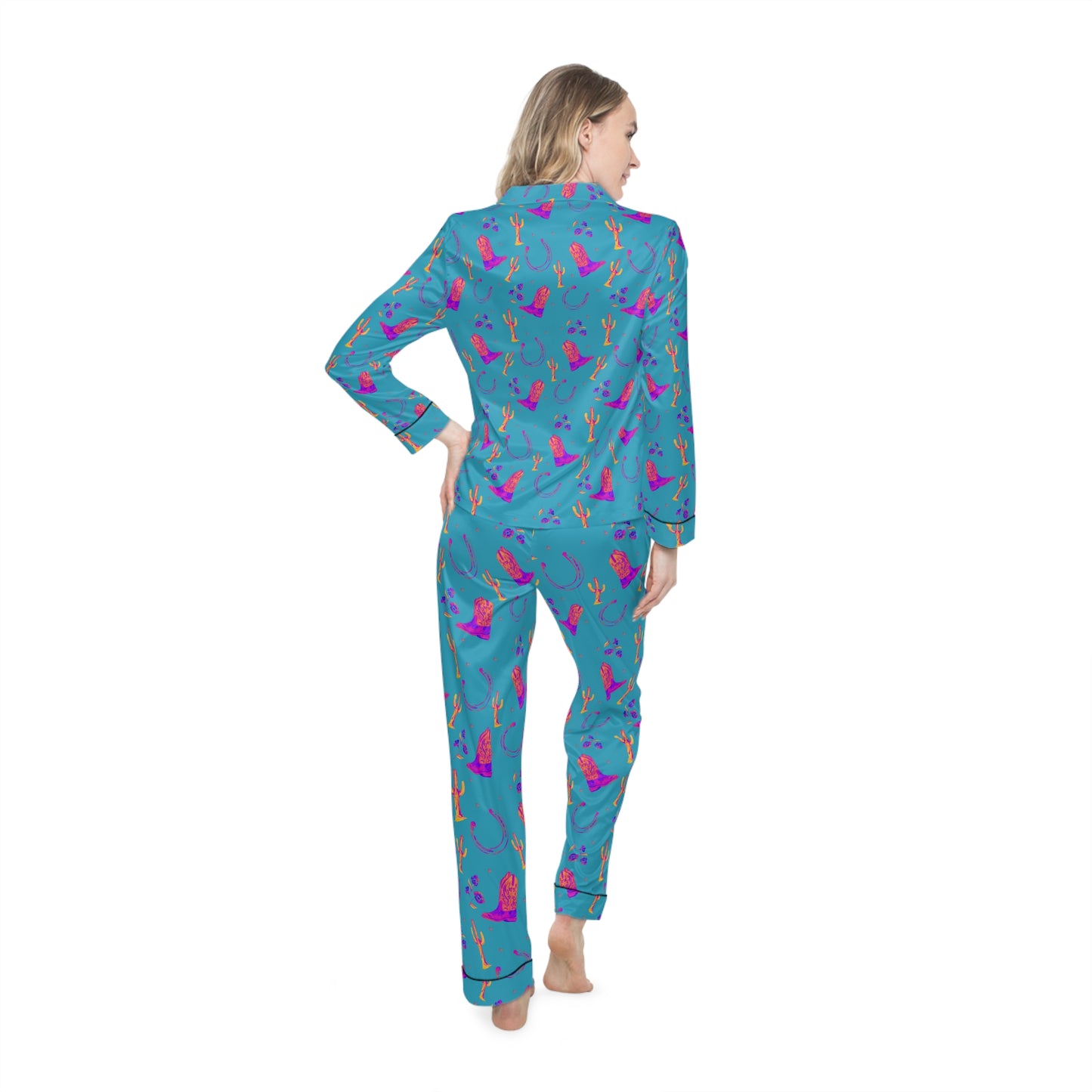 Lucky Boots Women's Satin Pajamas in Teal (AOP)