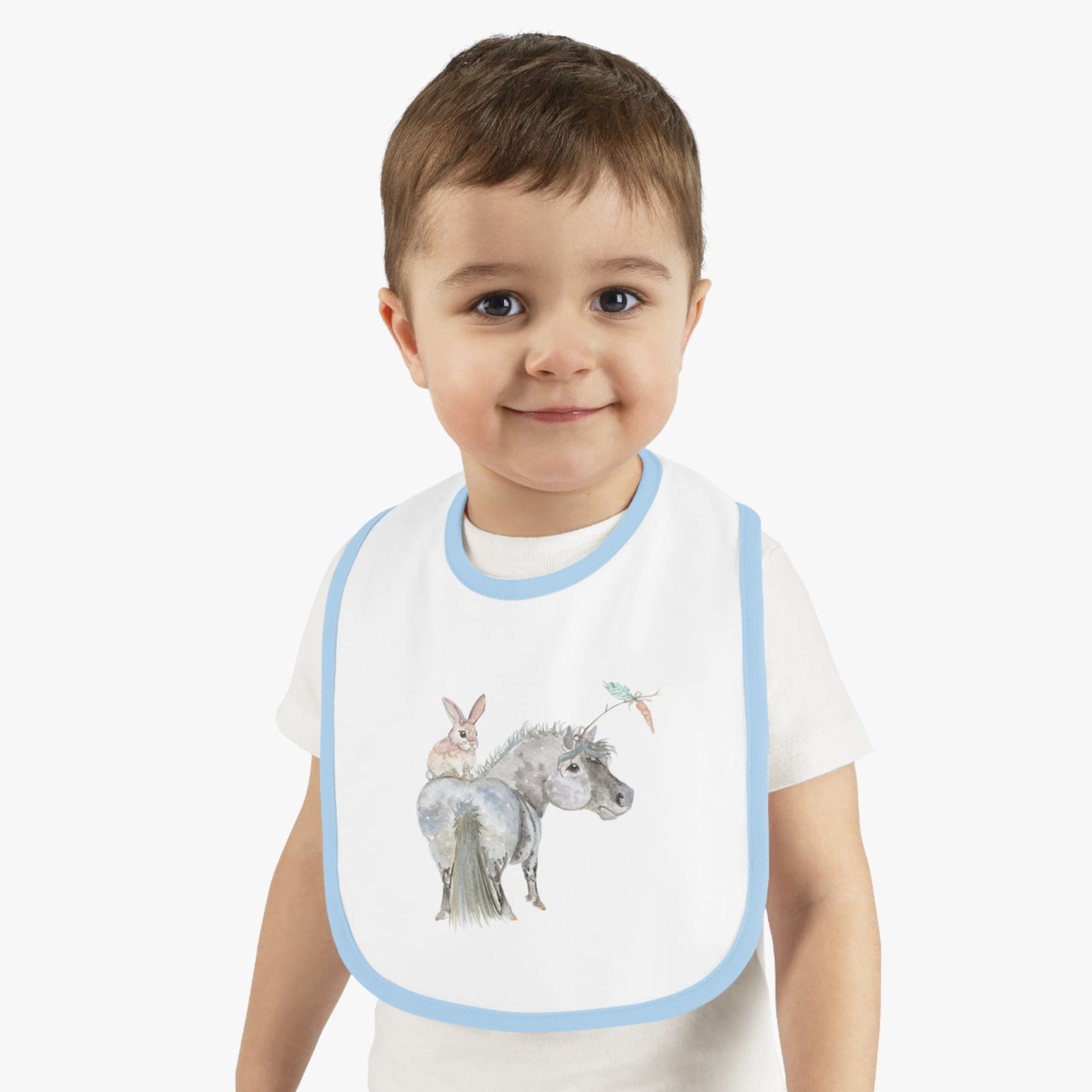 Baby Bib with Watercolor Adorable Bonnie Pony and  Bunny — Soft Contrast Trim Feeding Bib