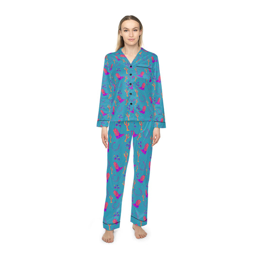 Lucky Boots Women's Satin Pajamas in Teal (AOP)