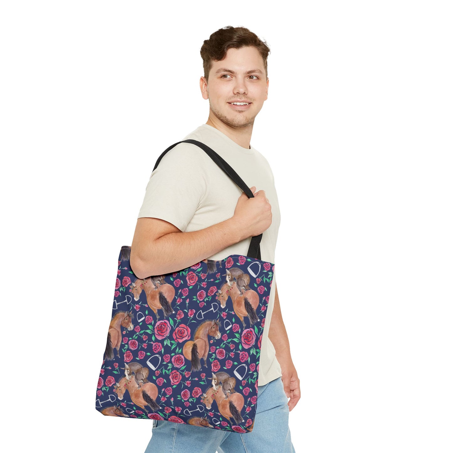 Adorable little Rose and Rico Print Tote Bag - Whimsical Equestrian Design- navy