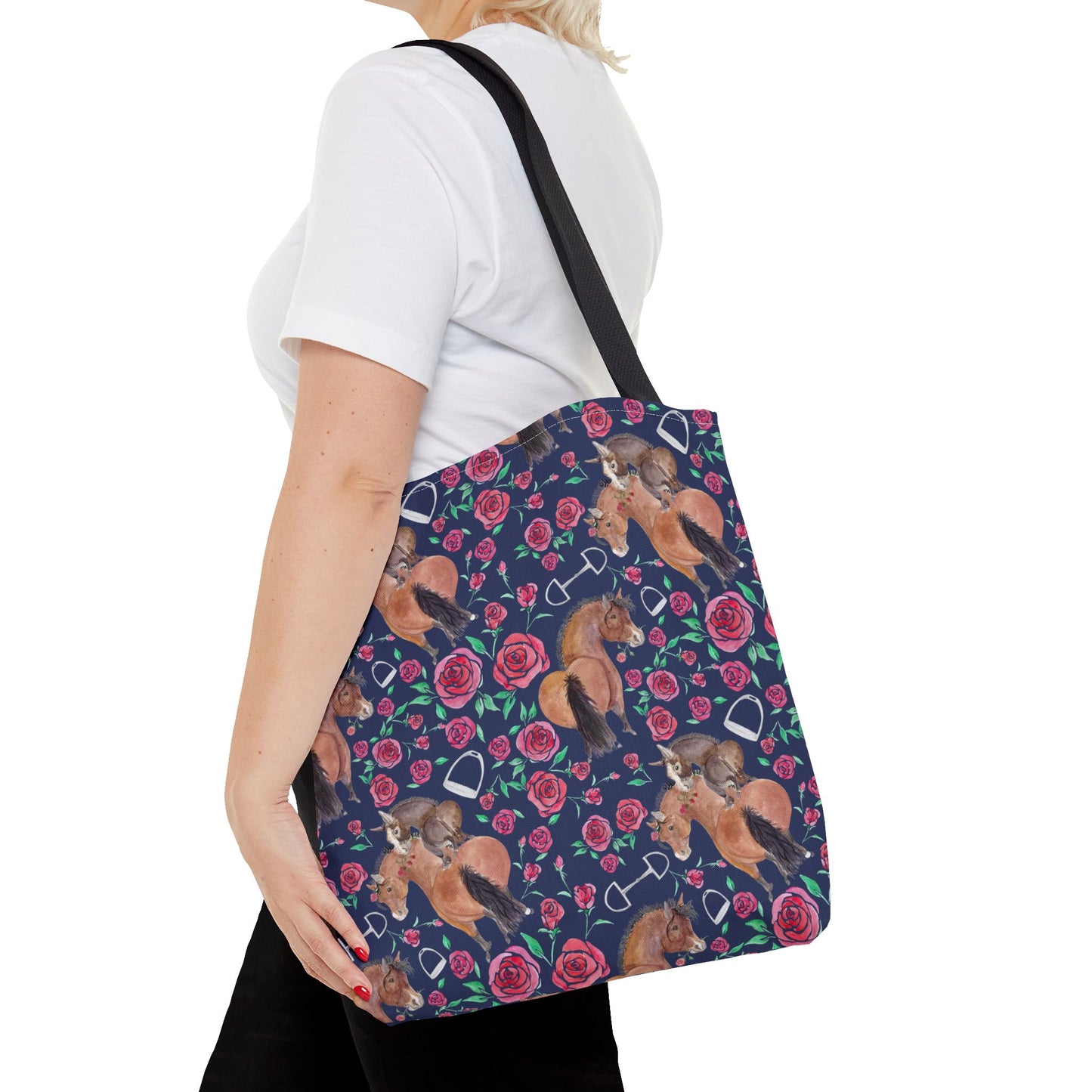 Adorable little Rose and Rico Print Tote Bag - Whimsical Equestrian Design- navy