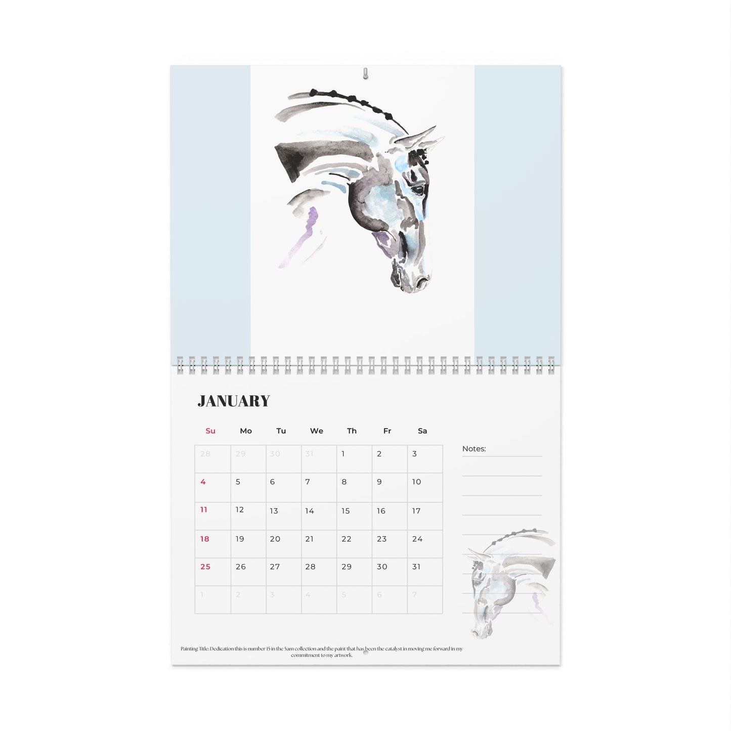 Equestrian Watercolor Wall Calendar – 12-Month Horse Art Calendar with Notes