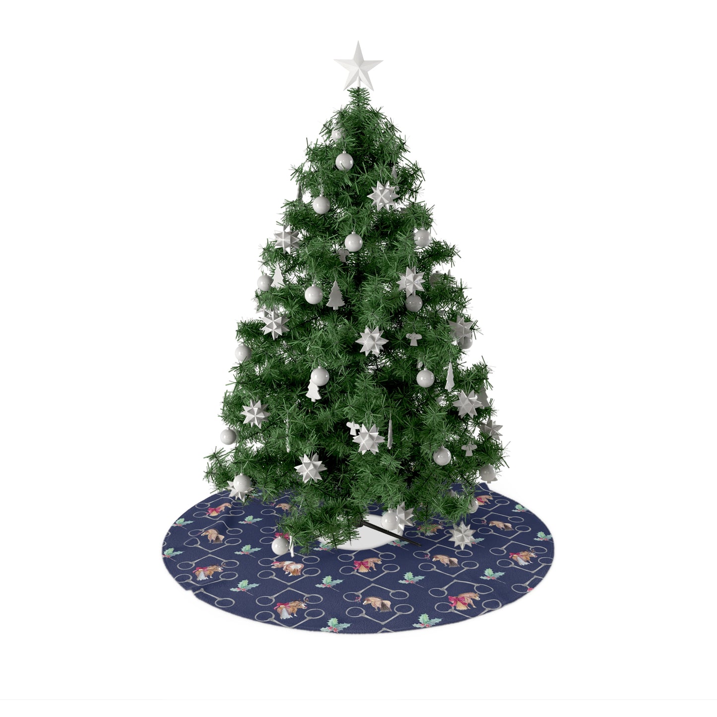 Adorable Ponies Bits and Holly in Navy Christmas Tree Skirt