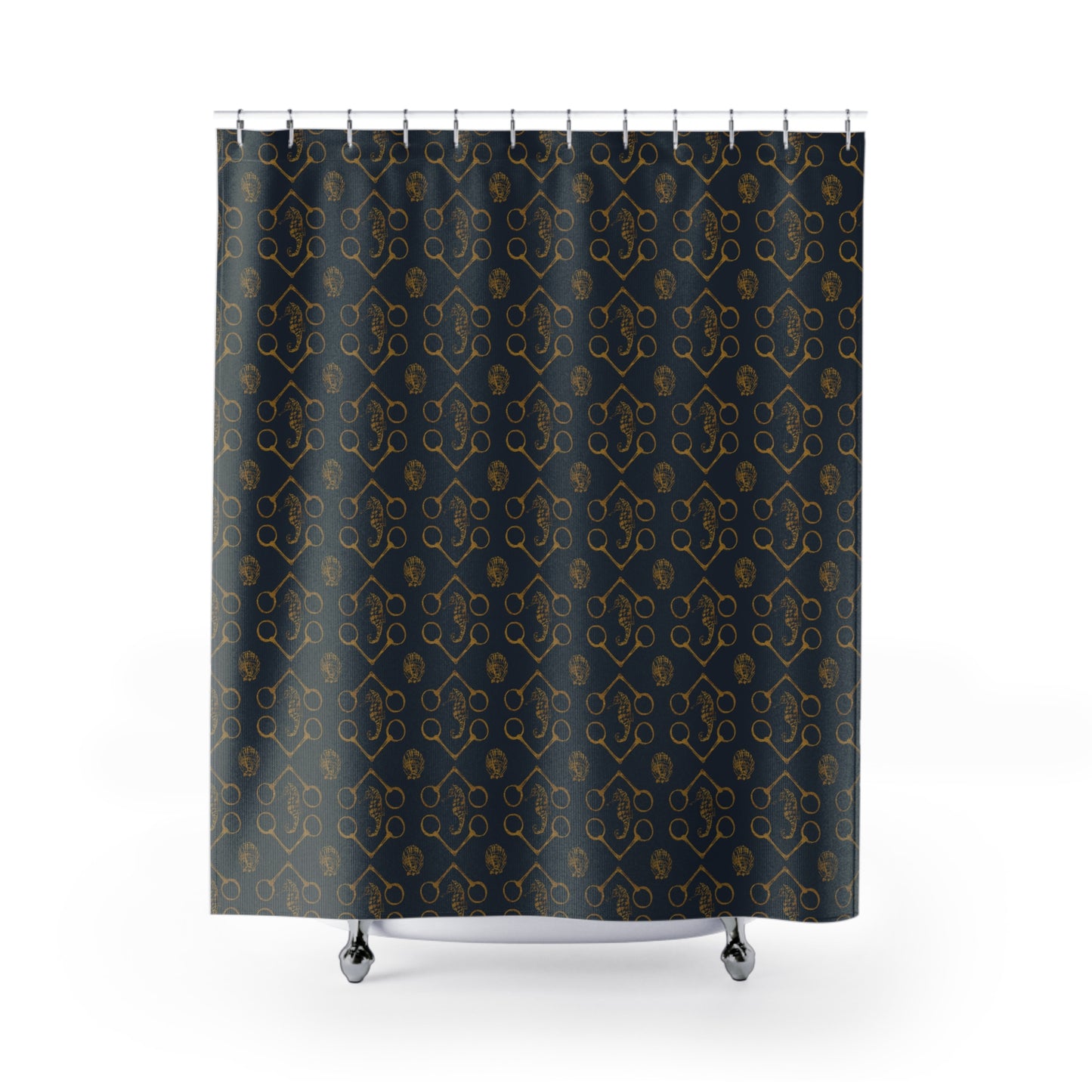 Sea horse and Bits Navy and gold Shower Curtains