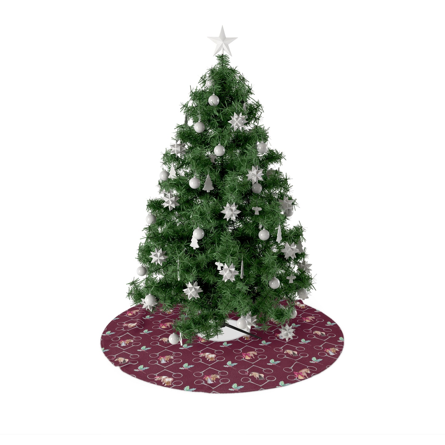 Adorable Ponies Bits and Holly Burgundy Christmas Tree Skirt