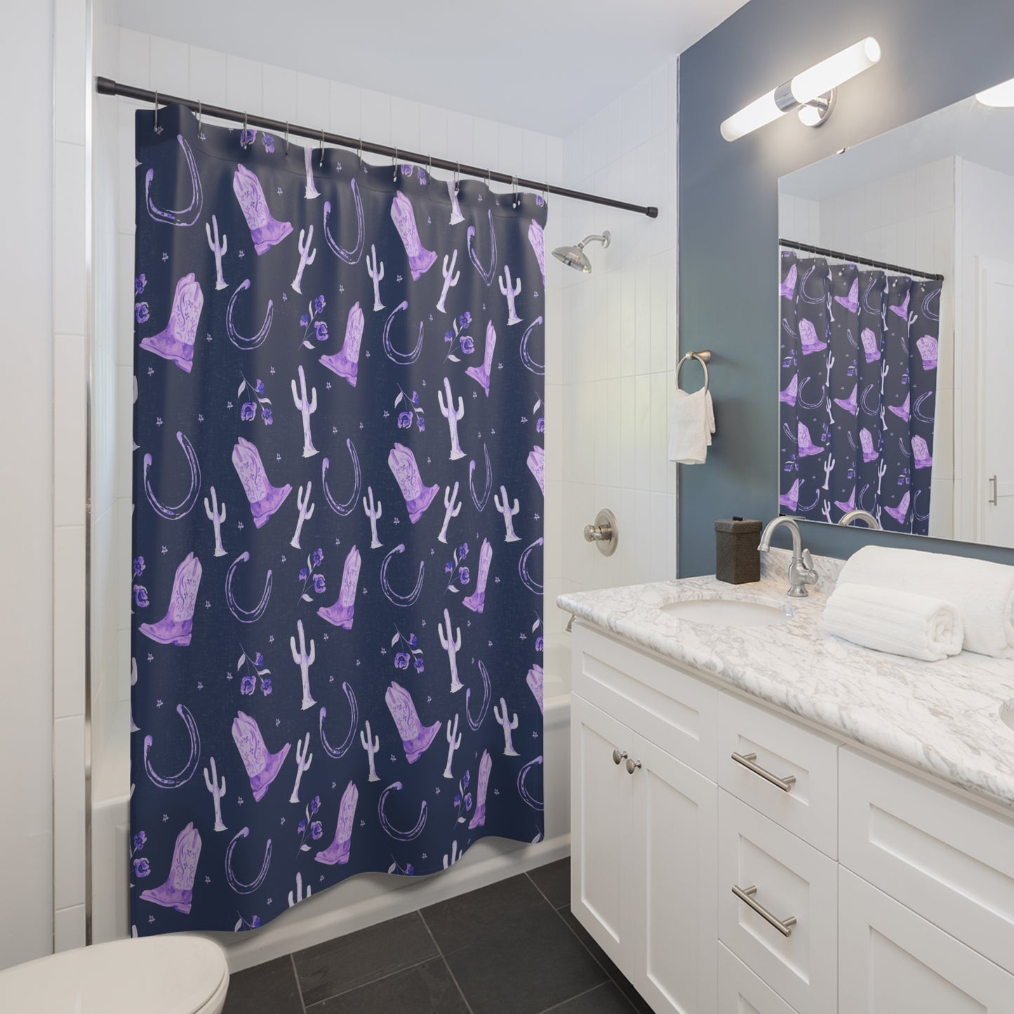 Lucky Boots Shower Curtains - Lavender and Navy