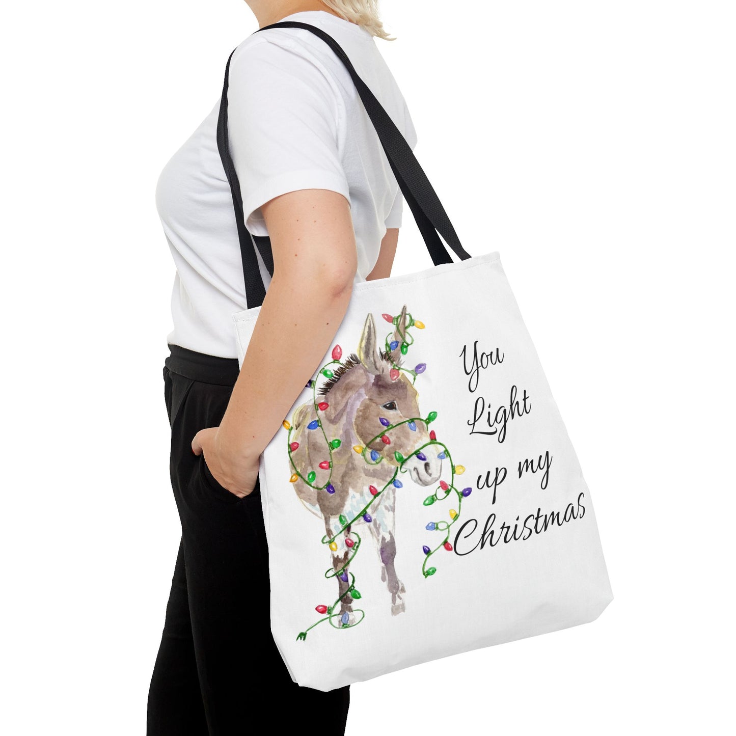 You Light Up My Christmas — Donkey Watercolor Tote Bag
