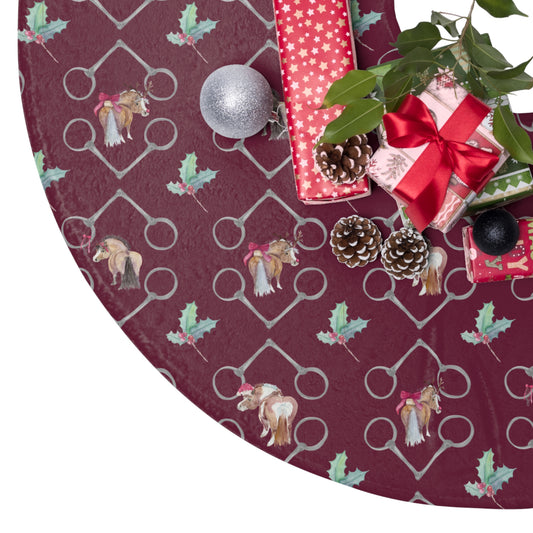 Adorable Ponies Bits and Holly Burgundy Christmas Tree Skirt