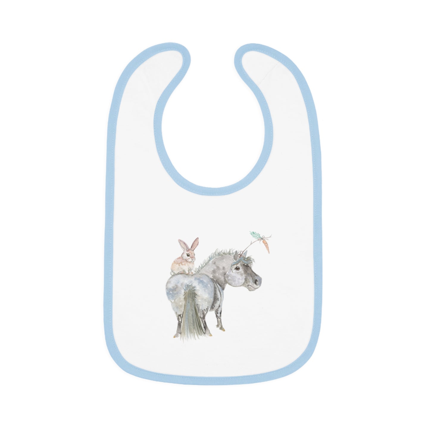 Baby Bib with Watercolor Adorable Bonnie Pony and  Bunny — Soft Contrast Trim Feeding Bib