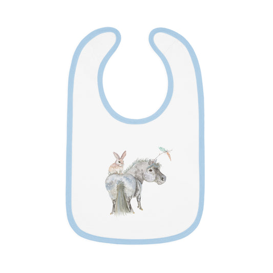 Baby Bib with Watercolor Adorable Bonnie Pony and  Bunny — Soft Contrast Trim Feeding Bib
