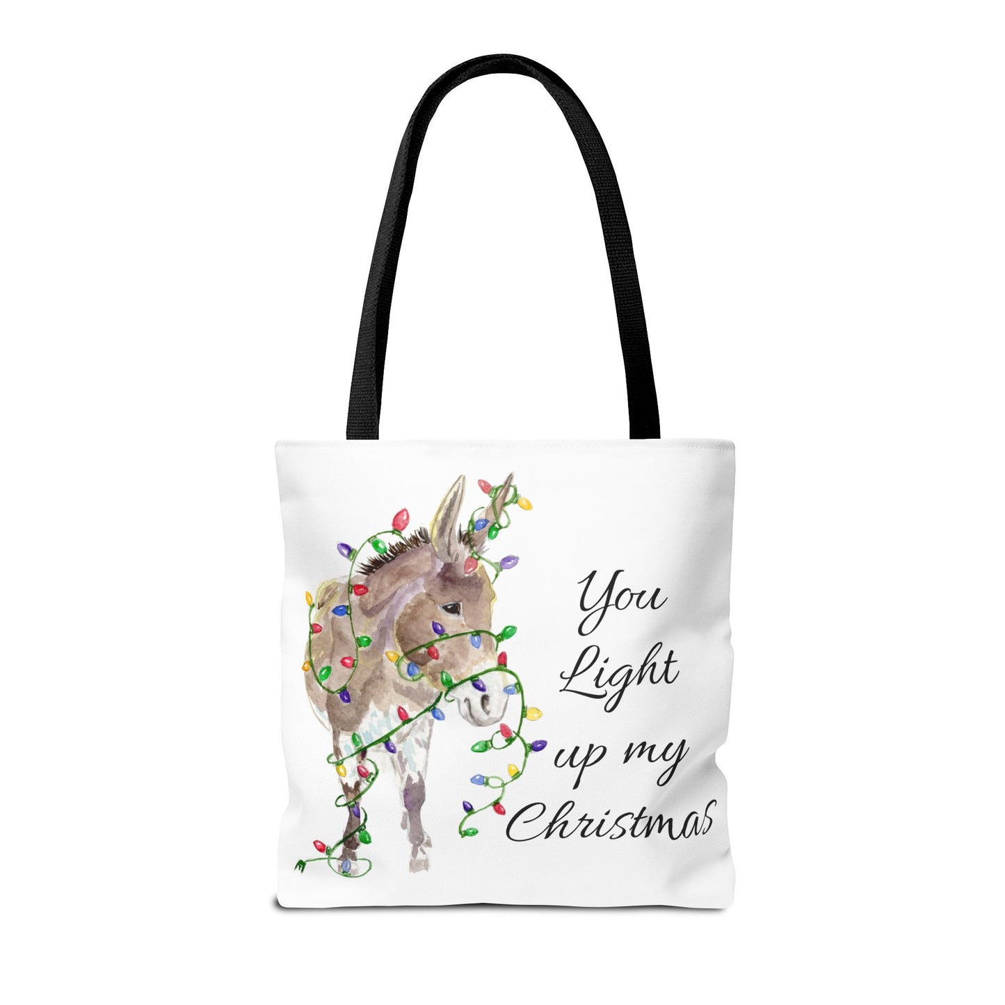 You Light Up My Christmas — Donkey Watercolor Tote Bag