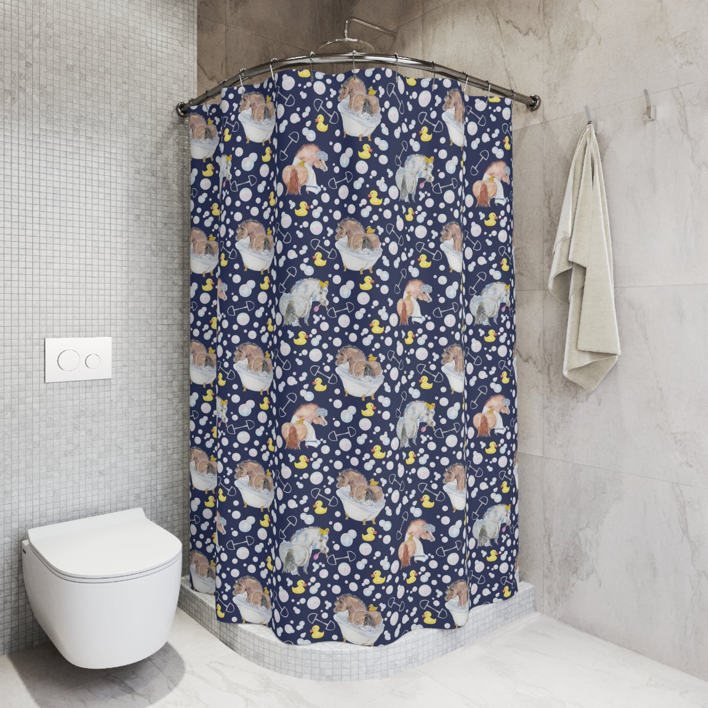 Adorable Ponies Double Bubbles Shower Curtain - Navy