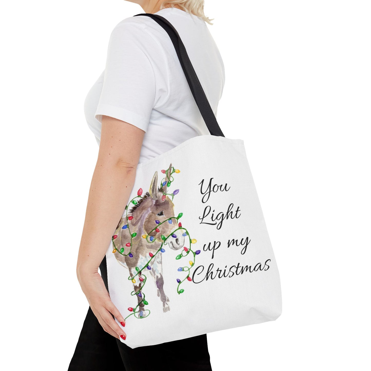 You Light Up My Christmas — Donkey Watercolor Tote Bag